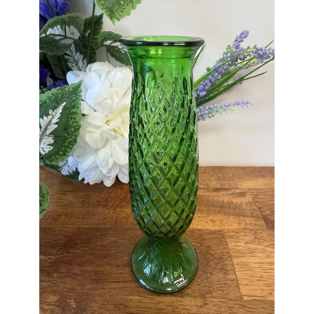 Vintage E.O. Brody Green Diamond Pattern‎ Vase Pedestal Base Retro Glass